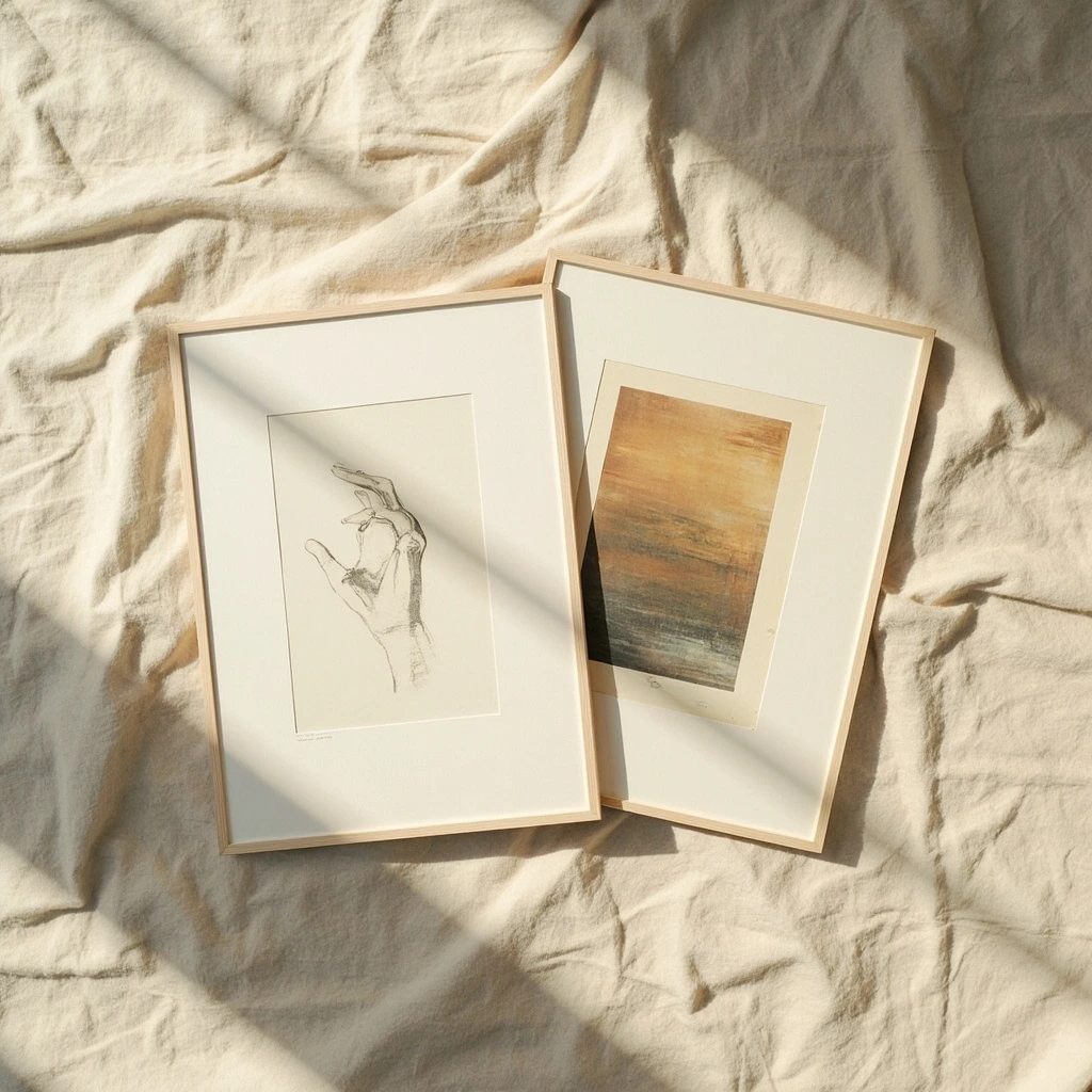 Works on Paper — a charcoal drawing and an aquatint print laid on linen